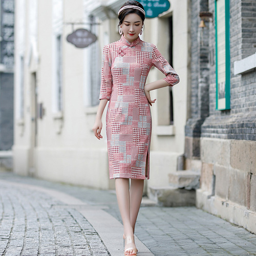 Chinese Dress Qipao for women cheongsam Suede cheongsam with sleeves