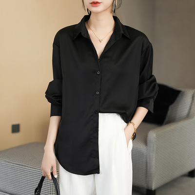 早秋新款白色衬衫女复古港味长袖垂感衬衣丝光缎面宽松韩版职业OL|ms