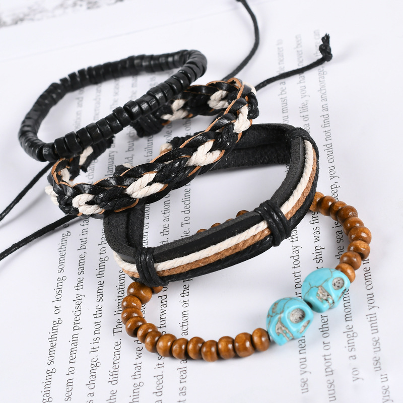 Ethnic Style Skull Pu Leather Alloy Wooden Beads Beaded Knitting Unisex Bracelets display picture 1