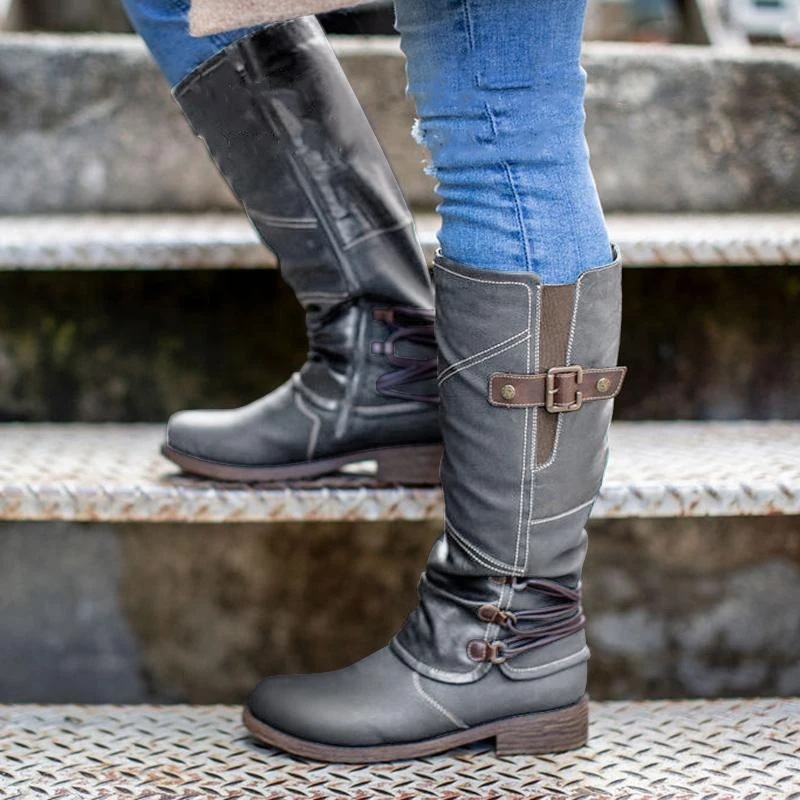 Neue mittellange Ritterstiefel mit Blockabsatz und rundem Kopf und seitlichem Reißverschluss für Herbst/Winter_voghion.com
