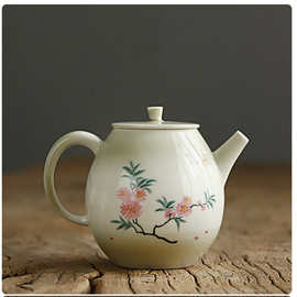 景德镇窑变青灰釉手绘桃花球孔陶瓷茶壶 家用人间四月泡茶壶
