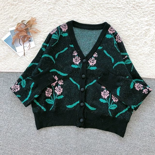 早秋季V领针织衫棉花糖毛衣外套女新款宽松套头慵懒风加厚开衫