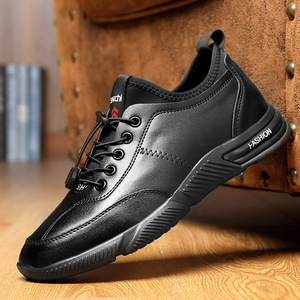 2020秋季新款男鞋真皮纯色松紧带休闲运动透气潮流皮鞋男一件代发