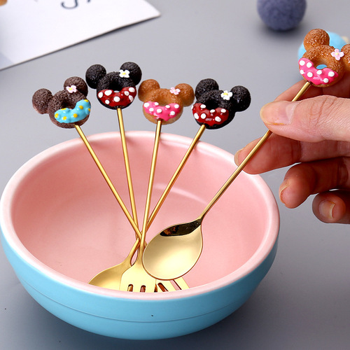 304不锈钢儿童水果勺卡通餐具甜心叉喝粥勺可爱萌趣树脂勺子2件套