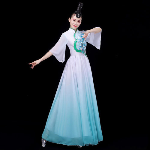 Blue gradient Chinese Classical dance dress ancient umbrella dance performance dress zither fan fairy princess dance performance dress
