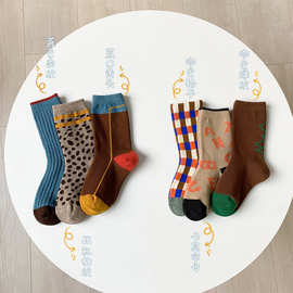 儿童袜子秋冬豹纹格子拼色中筒宝宝宝袜韩国ins风咖啡色堆堆袜子