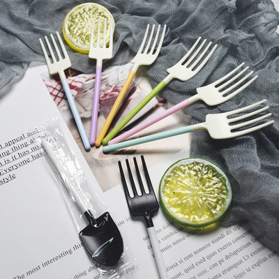 蛋糕餐具一次性叉子塑料生日蛋糕彩色拼接铲叉甜品水果新款四指叉