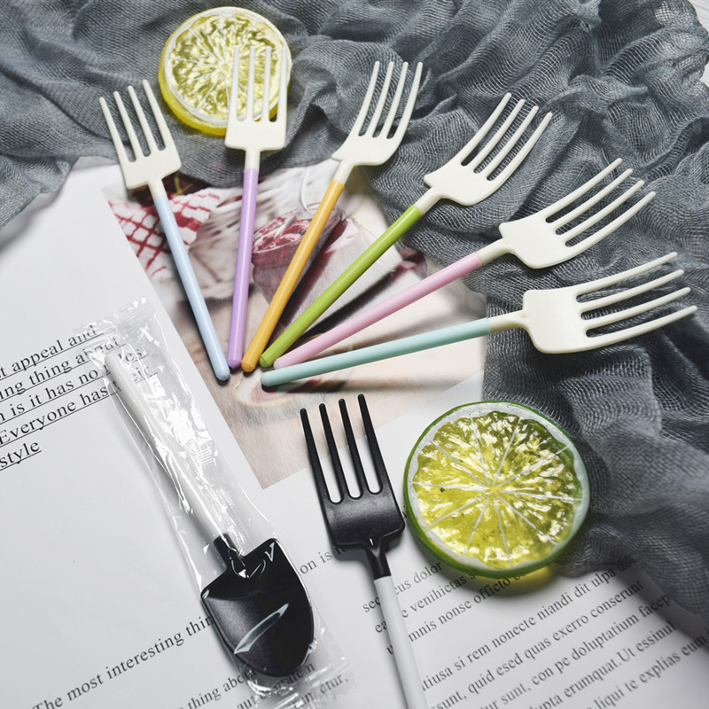 蛋糕餐具一次性叉子塑料生日蛋糕彩色拼接铲叉甜品水果新款四指叉