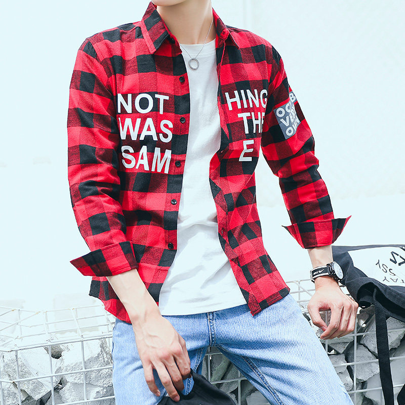 2020 camisa a cuadros de manga larga de estilo coreano de los hombres slim fit juventud moda guapo camisa pareja casual Camisa delgada