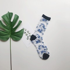 原創設計小花網紅超薄水晶絲透夏季女生中筒襪日系文藝花朵堆堆襪