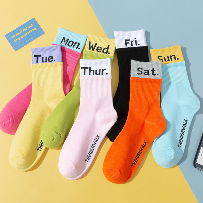 厂家批发棉质女星期袜 纯色双罗口袜子女士糖果色运动袜