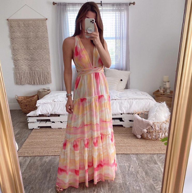 350g Weight Maxi Long Dress Dress Length Type Sleeveless Sleeve Length Swing Dress Dresses Type Polyester Fabric Type Mid Waist Waist Line Holiday, Daily Occasion V Neck Neckline Regular Fit Fit Type Floral Pattern Summer Season Women's Gender Printing Design Vacation Style Wholesale Women's Vacation Printing Floral Holiday Daily V Neck Sleeveless Swing Dress 5