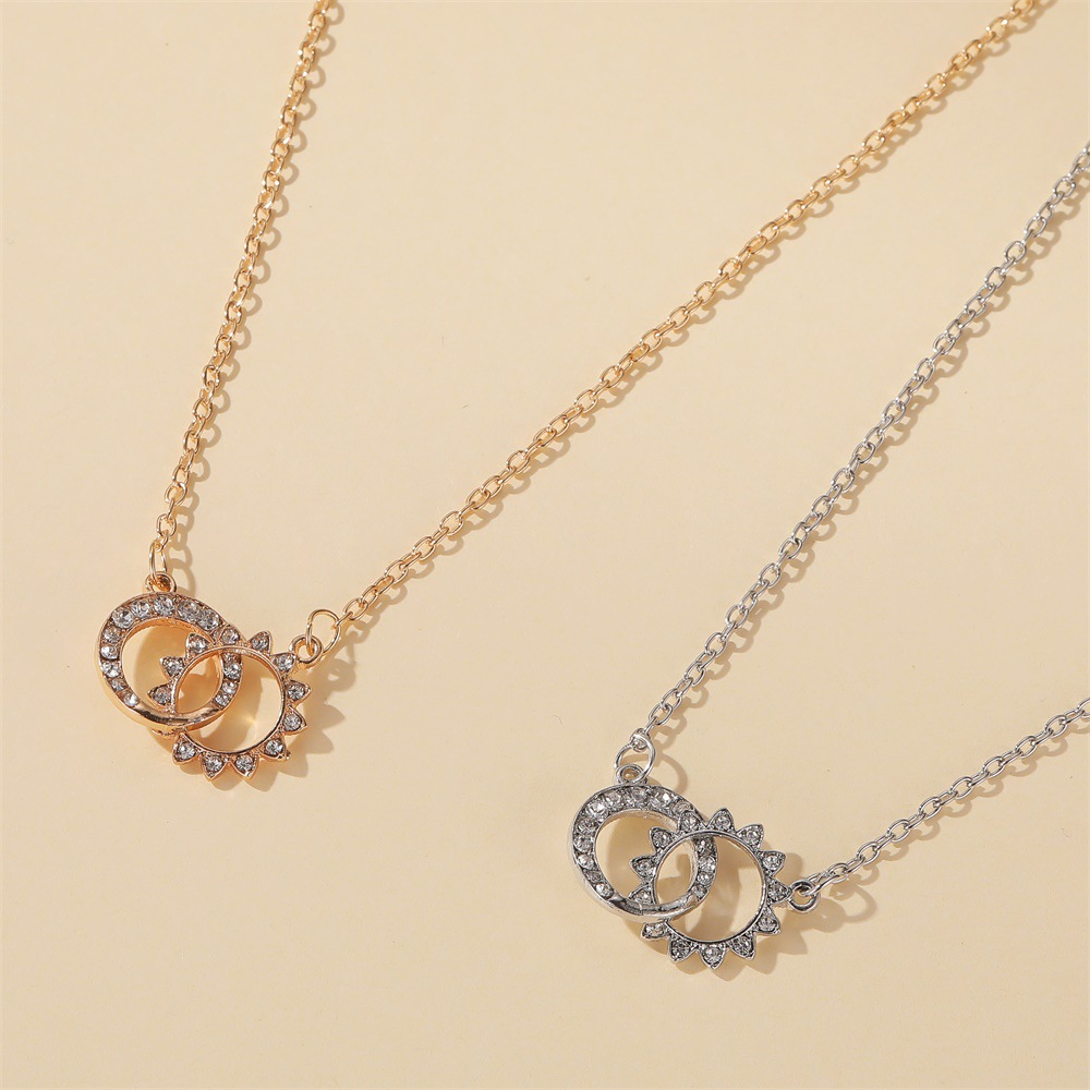 New Sun Moon Diamond Double Ring Alloy Necklace Clavicle Chain For Women display picture 5