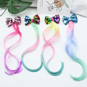 2pcs Children girls party stage performance fairy princess cosplay hairpin rainbow wig Sequin bow barrette hair accessories
