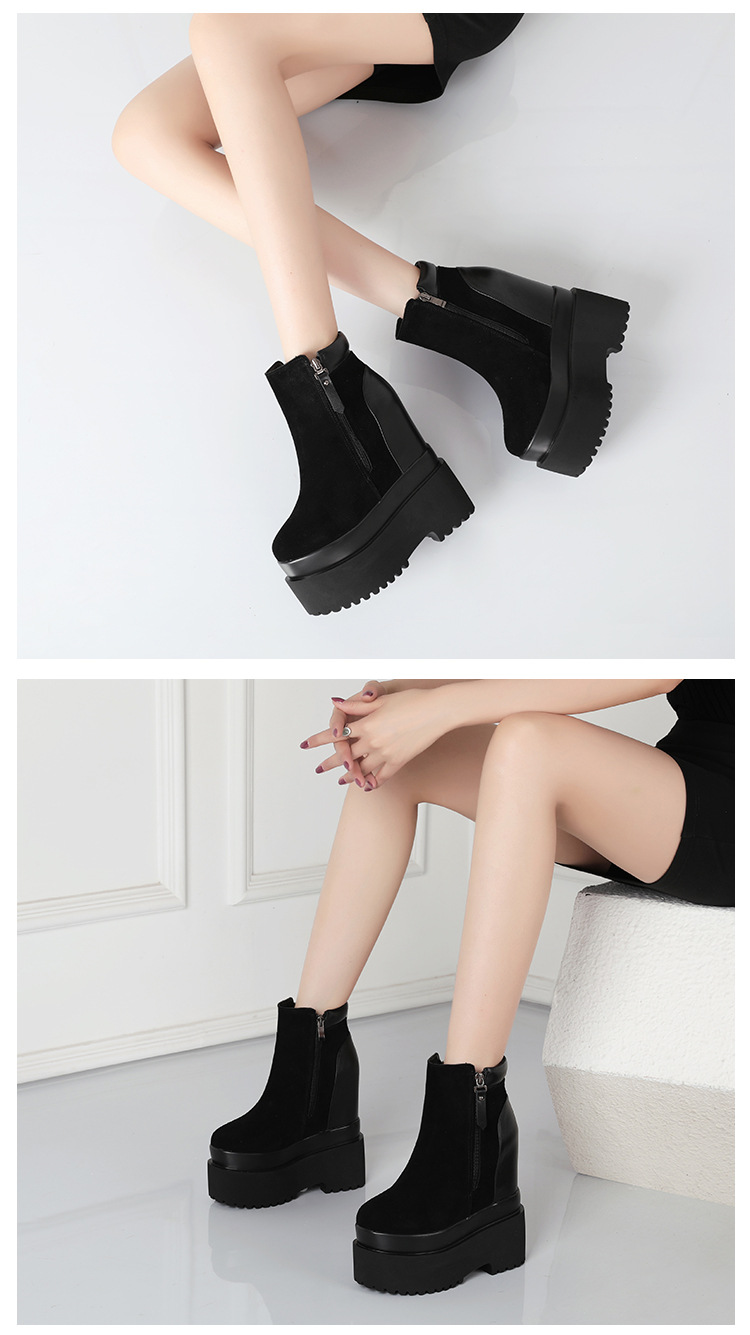 Boot nữ cổ thấp da lộn gót siêu cao 16 cm đế dày tăng chiều cao — Lót lông đen chi tiết 3
