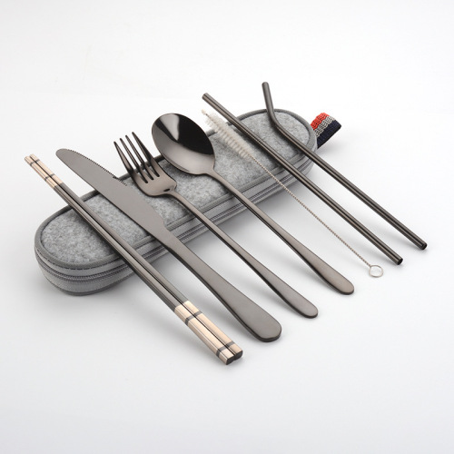 Amazon Cross-border 304 stainless steel knife fork spoon straw square chopsticks travel portable set Outdoor tableware