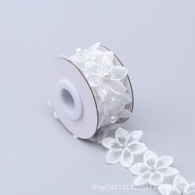 En stock 3,3 cm de una sola capa de flores bordadas de seis pétalos de flores orden perla encaje de organza de encaje ropa de falda de DIY