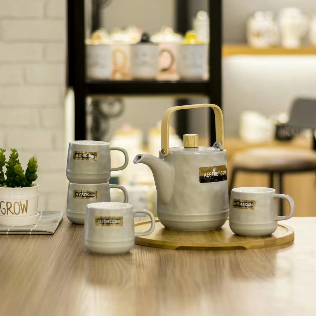 Juego de regalo de cerámica simple para agua fría, tetera personalizada con diseño floral, taza de café, taza, juego para preparar bebidas frías en casa