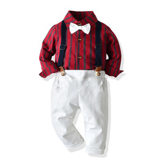2023 Spring Kids' Clothing: European & American Style Boys' Retro Striped Cotton Shirt with Suspender Pants – Two-Piece Set | Kids' Outfit for Foreign Trade