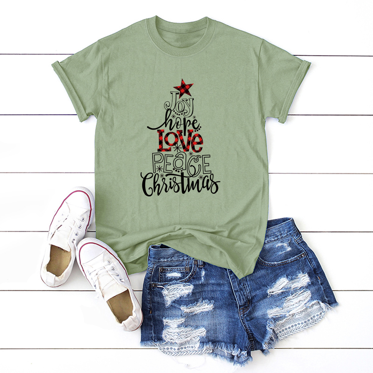 camiseta de manga corta para mujer árbol de regalo Feliz Navidad NSSN4167