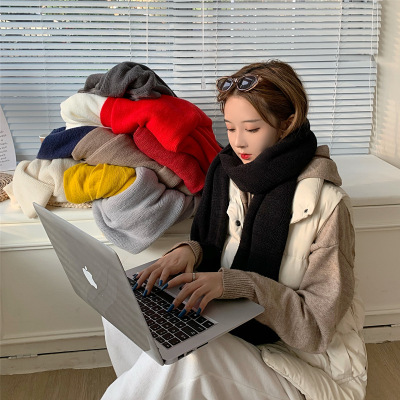 跨境秋冬纯色仿羊绒加厚保暖加大披肩黑色毛线围巾女