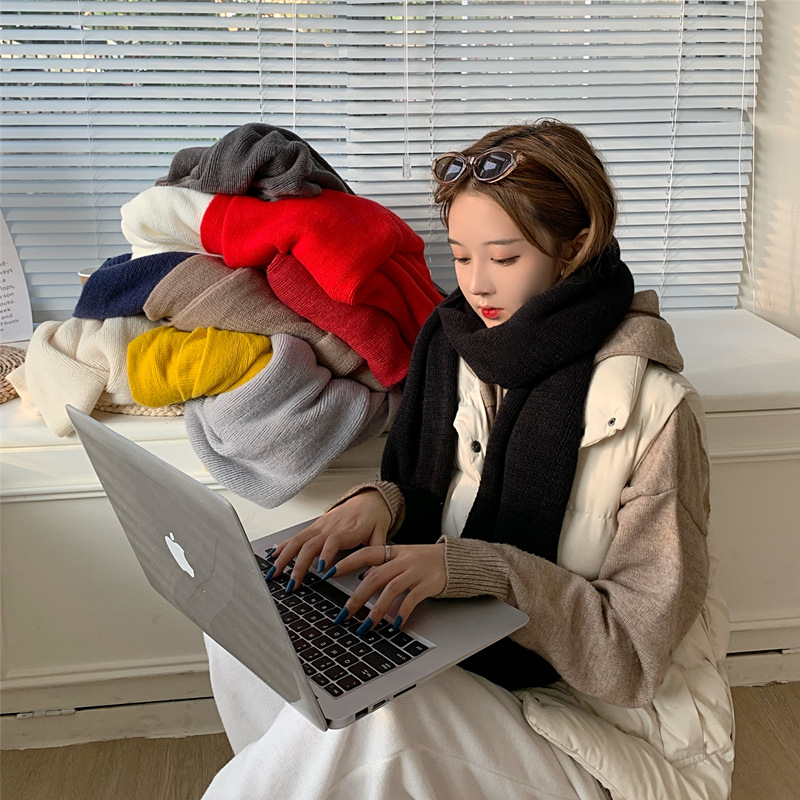 跨境秋冬纯色仿羊绒加厚保暖加大披肩黑色毛线围巾女