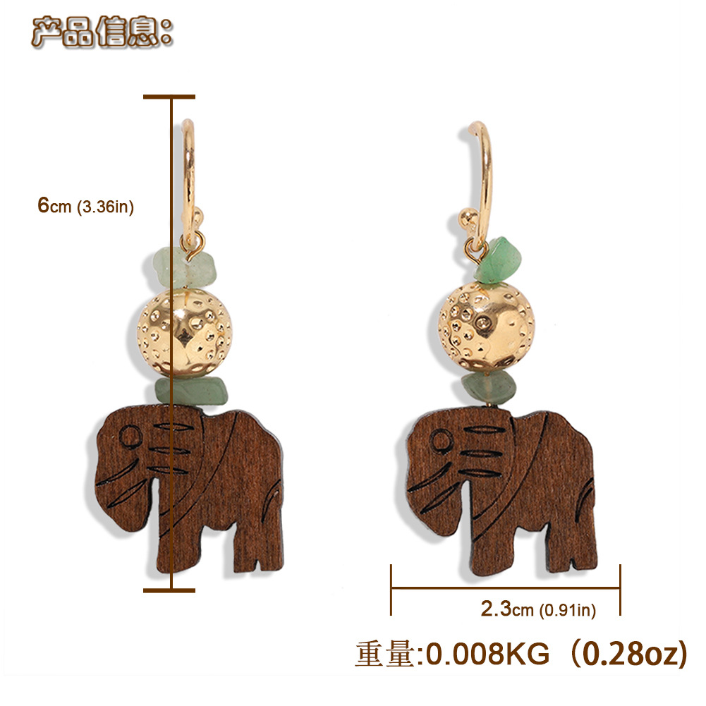 New Fashion Creative Wood Carving Artificial Gems Stitching Cute Elephant Long Earrings For Women Wholesale display picture 1