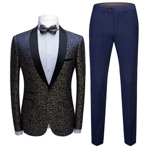 Men’s suit two piece blue gold jacquard suit