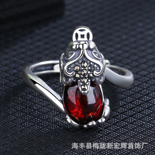 Cross-border Lucky Pixiu Ring for Men and Women Retro Silver Garnet Open Ring Ethnic Style Hand Jewelry Manufacturer Direct Supply