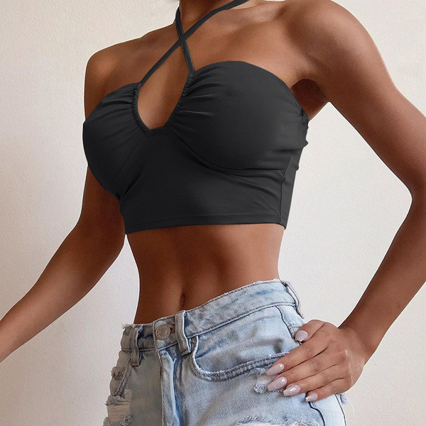 One line collar drawstring neck wrap chest ultra short vest bra