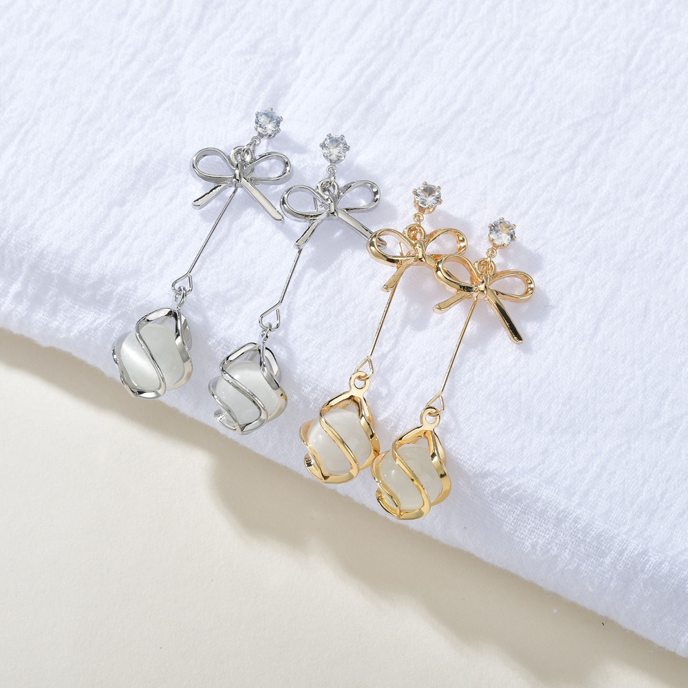 925 Silver Needle Korean Bow Opal Earrings Simple All-match Fashionmonger Eardrops Long Elegant Earrings Female display picture 5