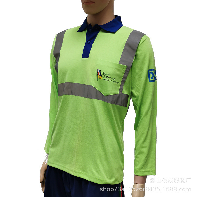Polyester-Cotton Long-Sleeved Work Clothes with Printed Front and Rear Reflective Strips, Long-Sleeved Polo Shirt, Left Chest Flap Pocket Pants, Large Area Printing Polyester-Cotton Long-Sleeved Work Clothes with Printed Front and Rear Reflective Strips, Long-Sleeved Polo Shirt, Left Chest Flap Pocket Pants, Large Area Printing