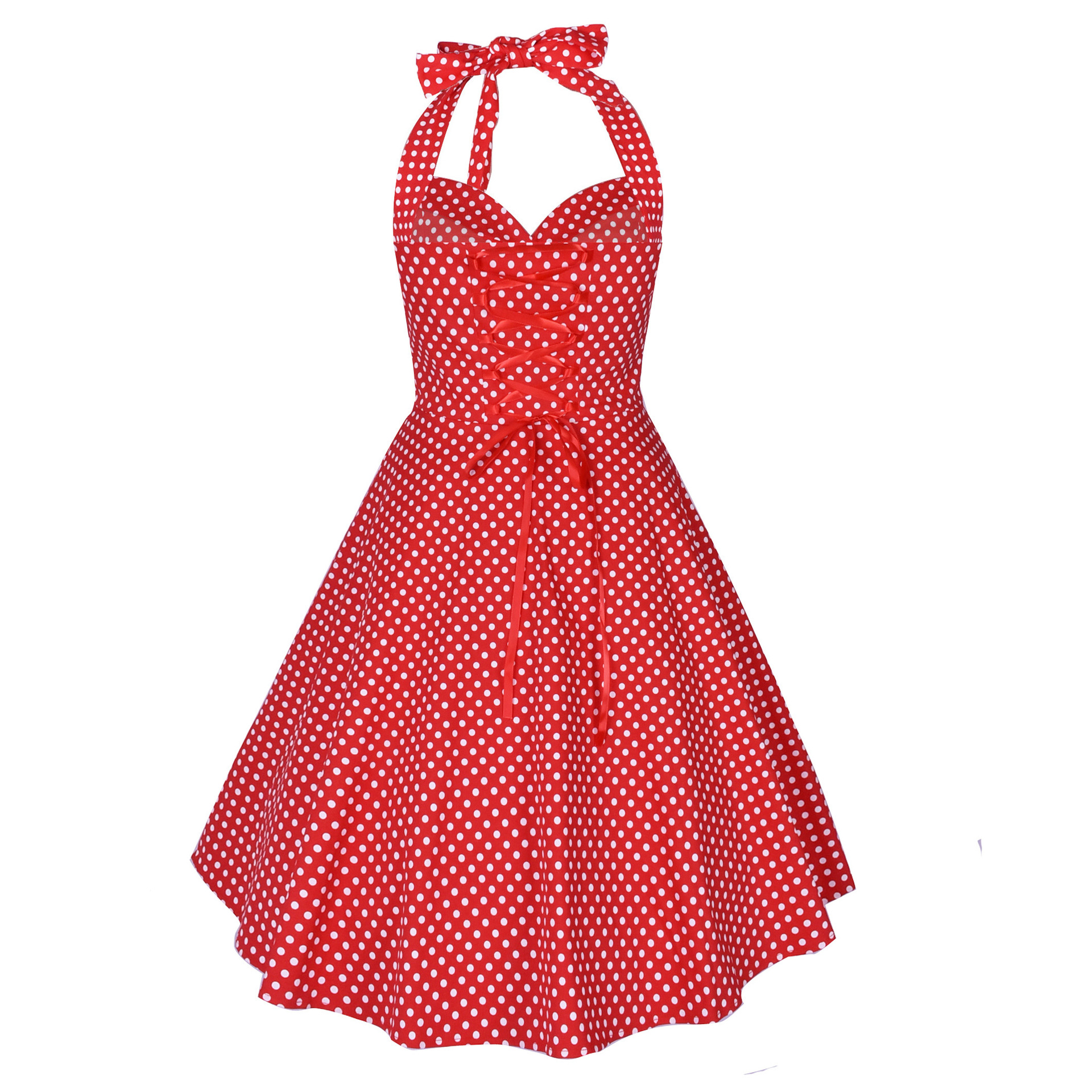 Robe vintage style Hepburn, taille haute cintrée, imprimée, col halter, dos nu, jupe ample_voghion.com