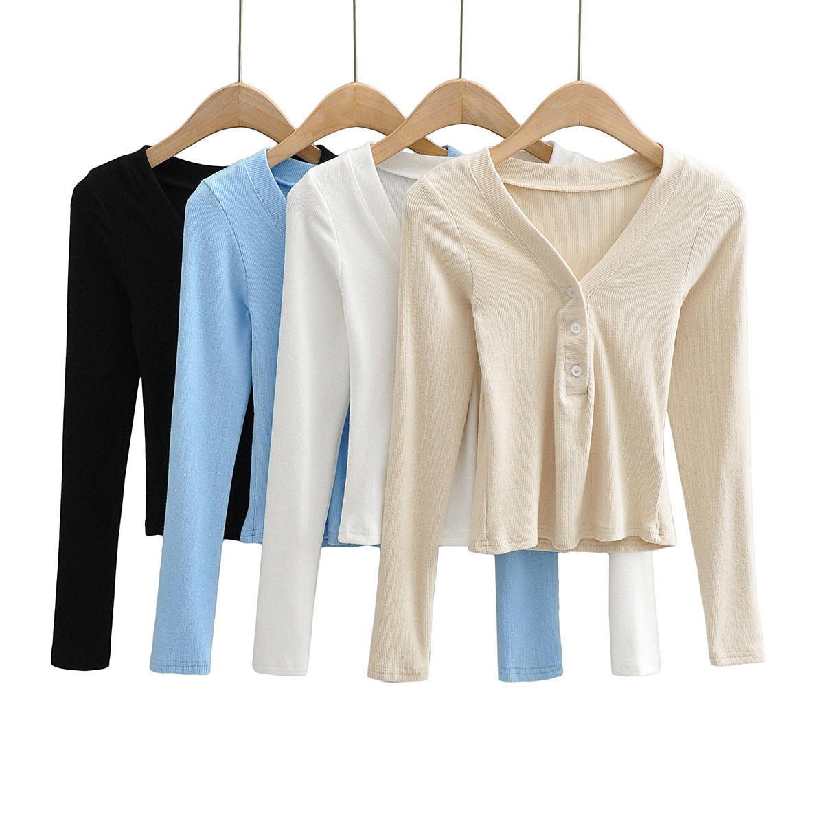 V-neck buttoned long-sleeved bottoming shirt NSAC19390