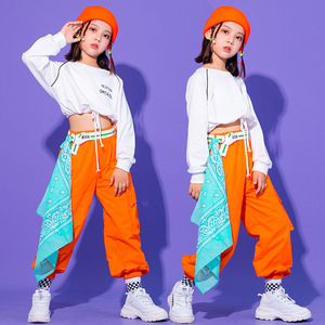 Children orange with blue jazz dance costumes girls hiphop street dance performance clothes girls gogo dancers tide suit with hat