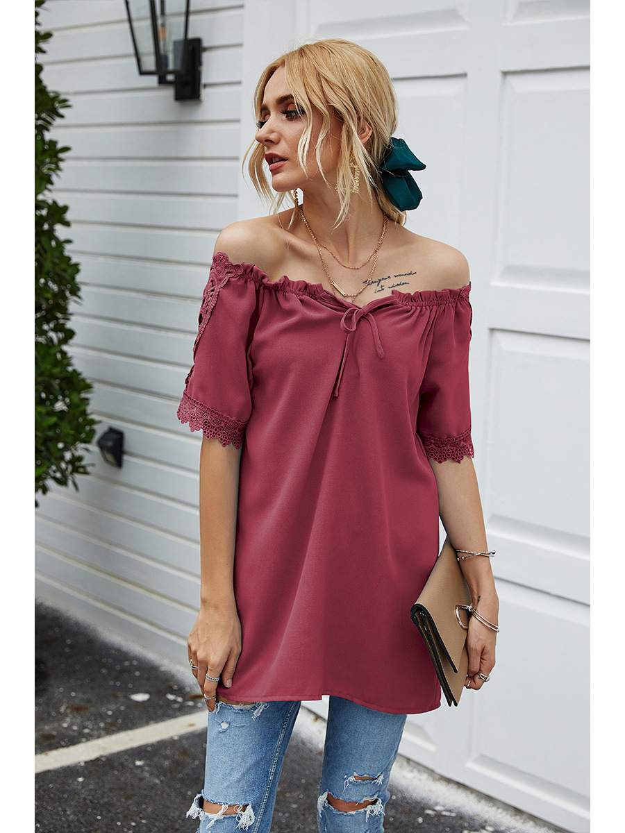 solid color lace one-shoulder hooded casual short-sleeved T-shirt NSAL2880