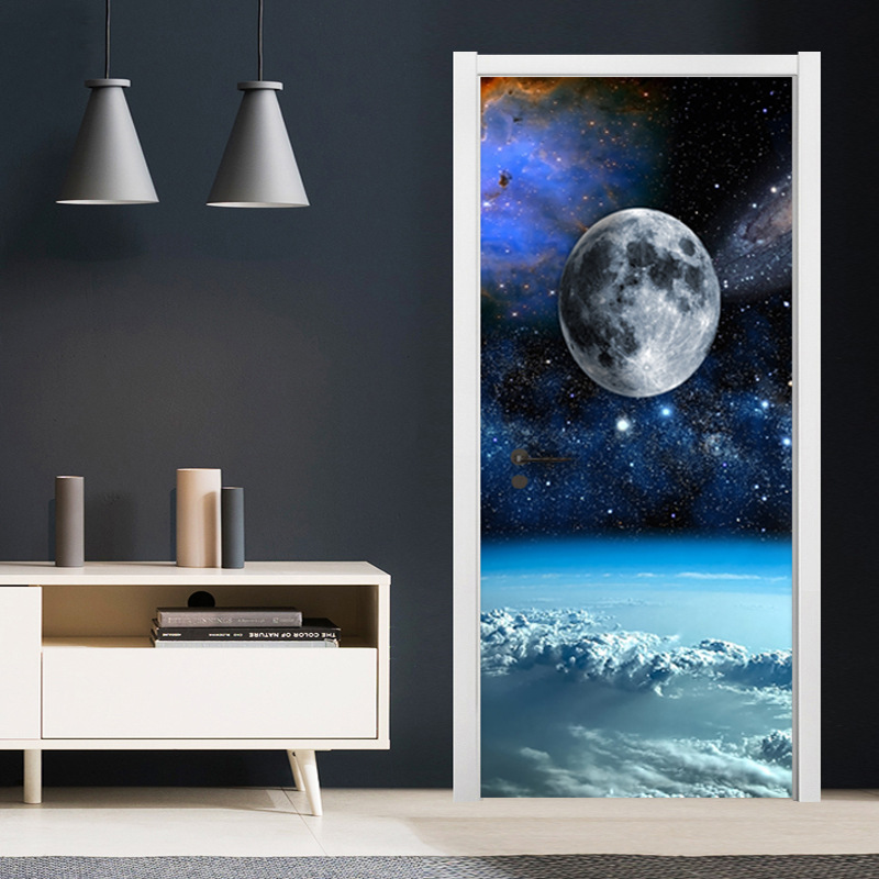 创意3D门贴翻新自粘贴纸装饰卧室客厅墙贴门贴地球月球跨境货源