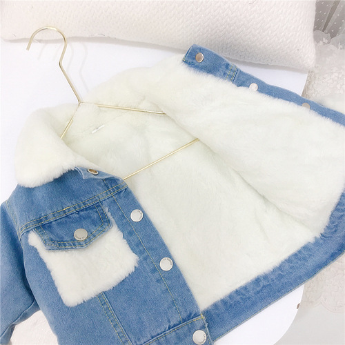 Korean children's imitation rabbit fur denim jacket  winter style girls' short denim tops boys' fleece jackets