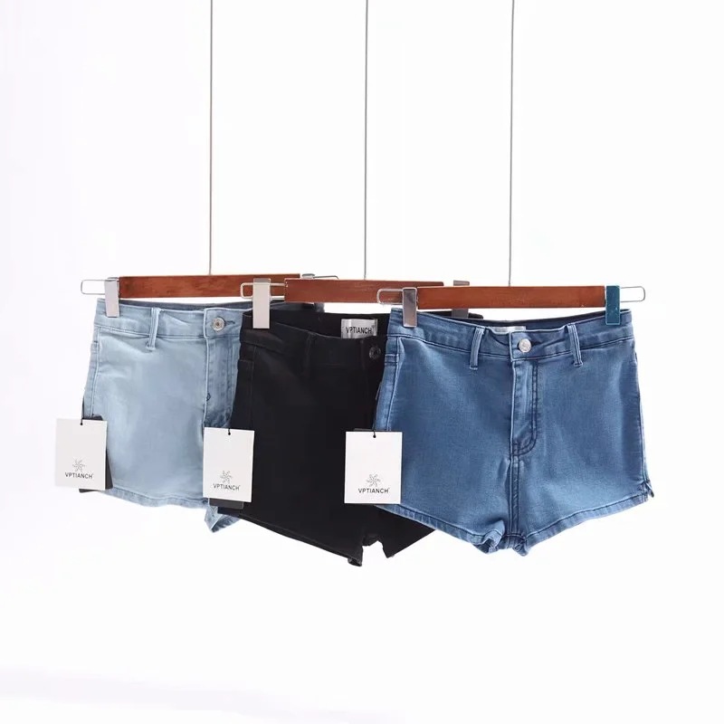 Slim High-Elasticity High-Waist Solid Color Denim Shorts NSZQW115398