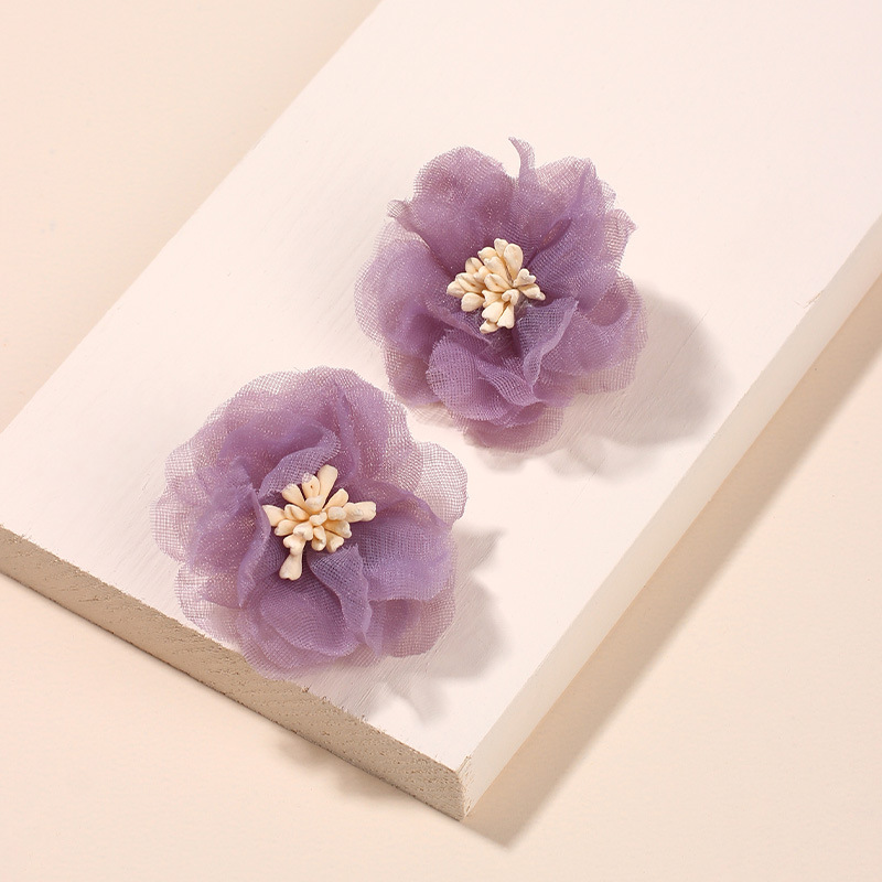 3g Weight Earrings Classification Housewarming, Anniversary, Business, Wedding, Travel, Birthday, Festival Occasion Chiffon Material Flower Pattern Women'S Gender Simple Style Style Purple, Green Color Korea Three-dimensional Mesh Chiffon Flower Retro Port Style Purple Earrings Wholesale 4