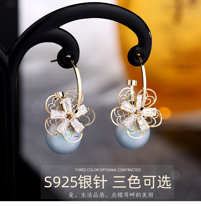 Korea Pearl Earrings 925 Silver Needle Flower Opal Earrings Zircon Earrings Wholesale Nihaojewelry display picture 18
