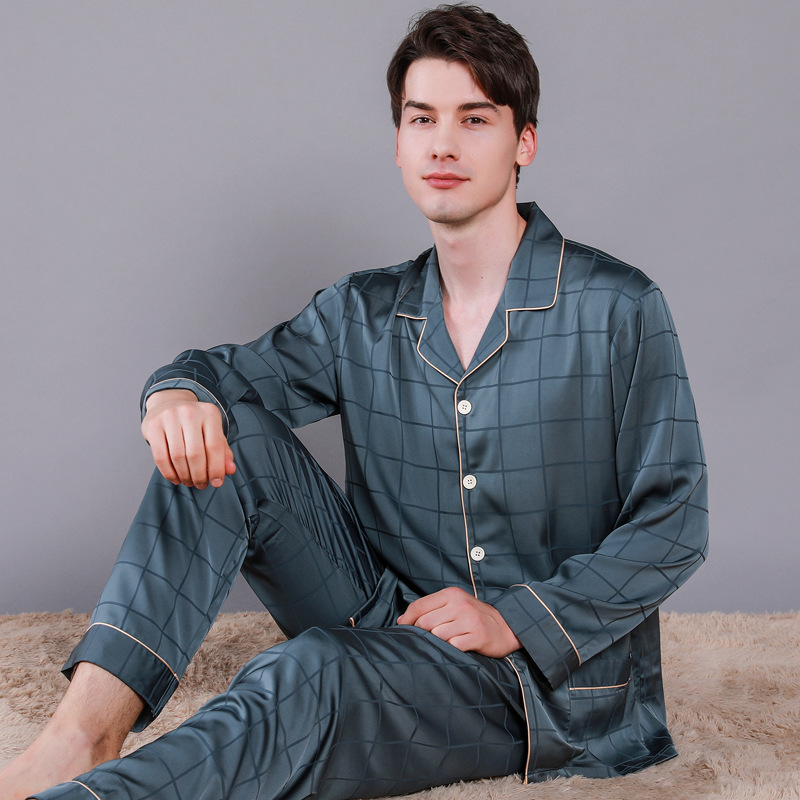 Autumn men's long-sleeved silk pajamas men's thin underwear home suit plus size Ice Silk casual home wear