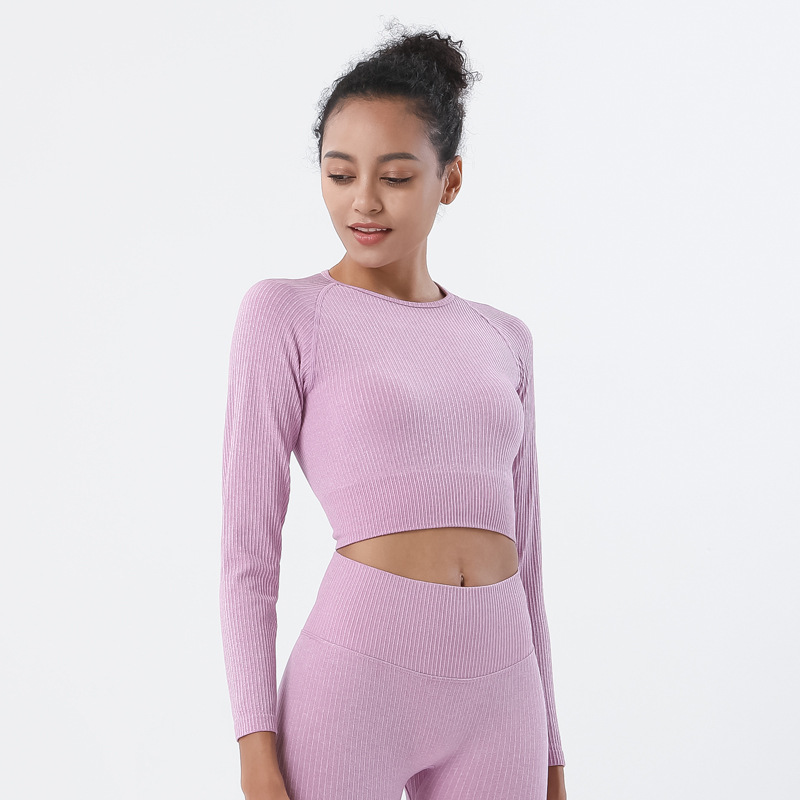 Amazon tejido sin costuras ropa de entrenamiento apretado de las mujeres de secado rápido de manga larga Camiseta deportiva superior ombligo expuesto ropa de yoga mujeres