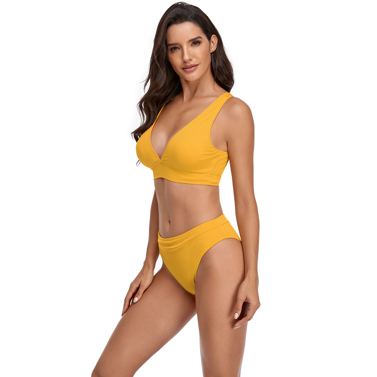 solid color ribbed sexy high waist split swimsuit  NSHL19791