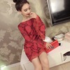 Off shoulder V-shaped open back lace hook flower Hip Wrap Skirt flared Long Sleeve Dress