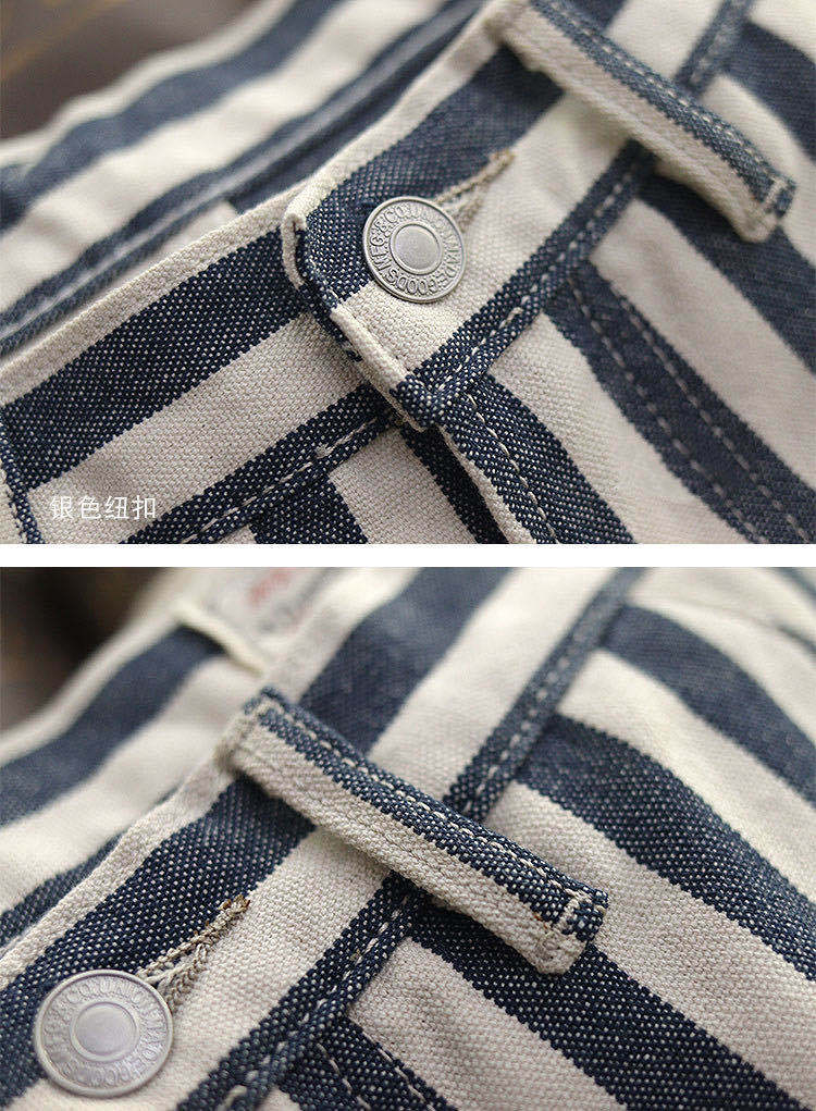 Amey's men's shorts were worn in slim shorts and retro navy blue and white canvas striped five-point trousers 12 undefined