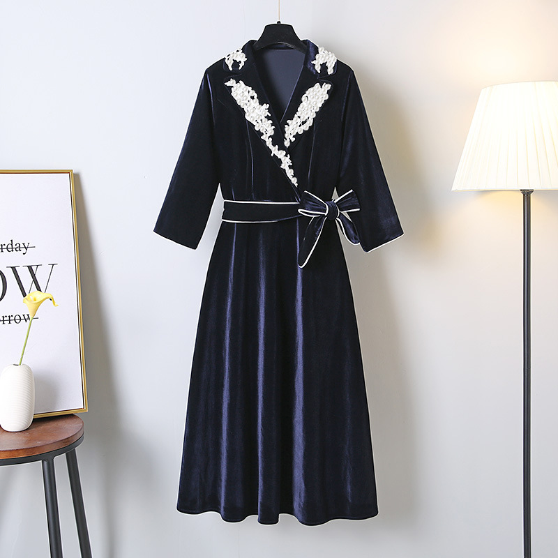 旗袍美探苏雯丽马伊琍同款衣服秋冬珍珠蕾丝边丝绒系带连衣长裙女