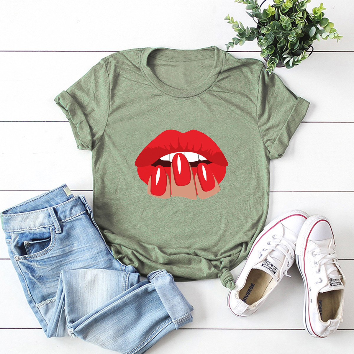 sexy labios rojos cómoda camiseta de manga corta NSSN1472