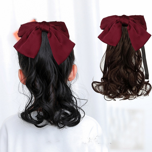 Children's Horse Tail Fake Hair for Girls, Medium-Long Wavy Hair with Bow, Hair Accessory with Horse Tail Band