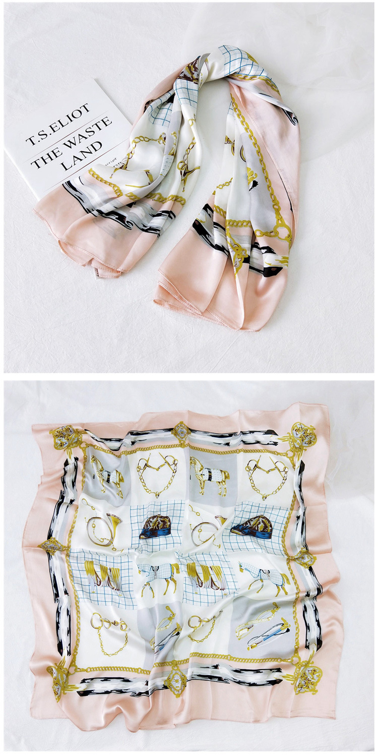 Winter, Summer, Spring Season Women's Sweet Color Block Satin Printing Silk Scarves